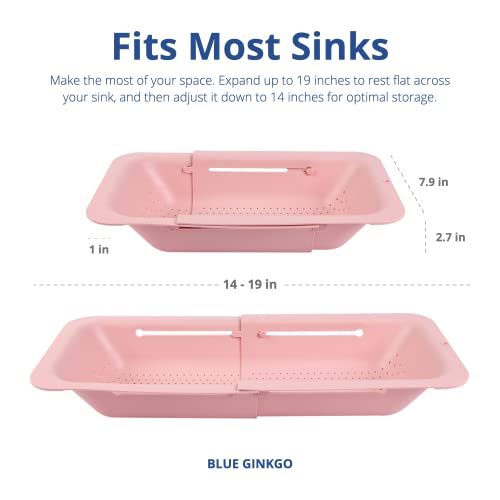 BLUE GINKGO Over the Sink Colander Strainer Basket - Wash Vegetables and Fruits. Drain Cooked Pasta and Dry Dishes - Extendable - New Home Kitchen Essentials (7.9 W x 14.5-19.5 L x 2.75 H) (Pink)