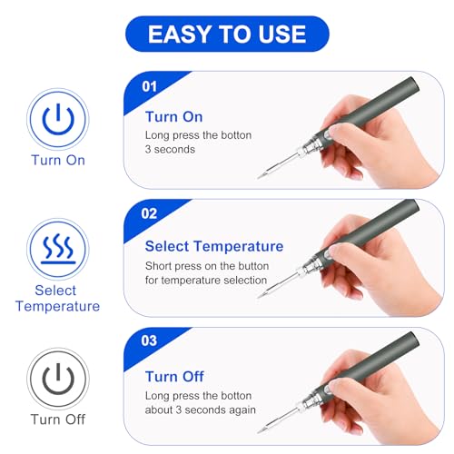 Dmyond Cordless Soldering Iron Kit. USB Rechargeable Portable Cordless Soldering Iron. 3 Temperature Adjustment Soldering Iron Tool Kit for Home Appliance Repair. DIY - Grey