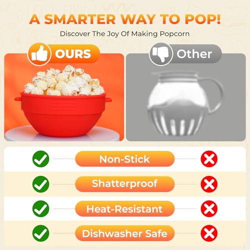 Microwave Popcorn Popper with Lid and Handles. Silicone Popcorn Maker for Healthy Oil-Free Popcorn. Collapsible & BPA-Free. Dishwasher Safe. Easy to Use for Home Movie Nights & Snacks. Red