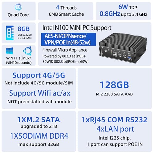 Fanless N100 Industrial Mini PC Micro Firewall Appliance. 4 * 2.5Gbe i225 LAN Ports POE in Mini Computer 8GB DDR4 RAM 128GB SATA SSD. USB-C/5*USB/SIM Slot/HD+DP/Home Network Pfsense Router