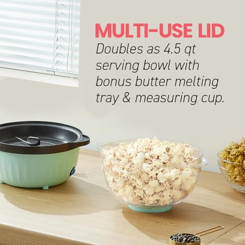 Elite Gourmet EPM145M 18-cup Hot Oil Stirring Popcorn Popper w/Measuring Cap & Reversible Serving Bowl & Butter Melting Tray. Great for Parties. Movie Night. Anytime Snack. Safety ETL Approved. Mint