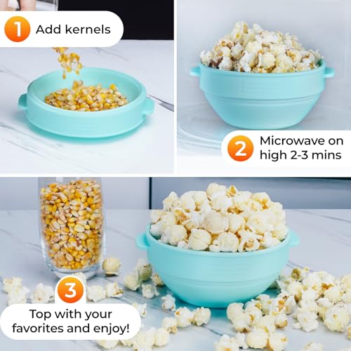 Microwave Popcorn Popper with Lid and Handles. Silicone Popcorn Maker for Healthy Oil-Free Popcorn. Collapsible & BPA-Free. Dishwasher Safe. Easy to Use for Home Movie Nights & Snacks. Blue