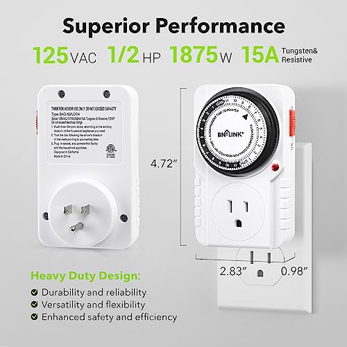 BN-LINK 24 Hour Plug-in Mechanical Timer Grounded for Aquarium. Grow Light. Hydroponics. Indoor Lighting. Home Appliances. ETL Listed 125VAC. 60 Hz. 1875W. 15A. 1/2HP (2 Pack)