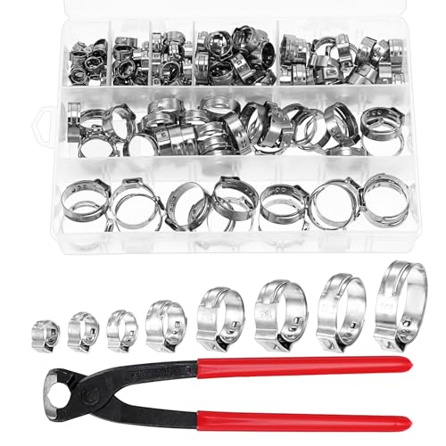 150Pcs 304 Stainless Steel Single Ear Hose Clamp with Ear Clamp Pincer. 6-23.5mm Crimp Hose Clamp Assortment Kit Cinch Rings Crimp Pinch Tools Perfect for Automotive. Home Appliance Line and Plumbing