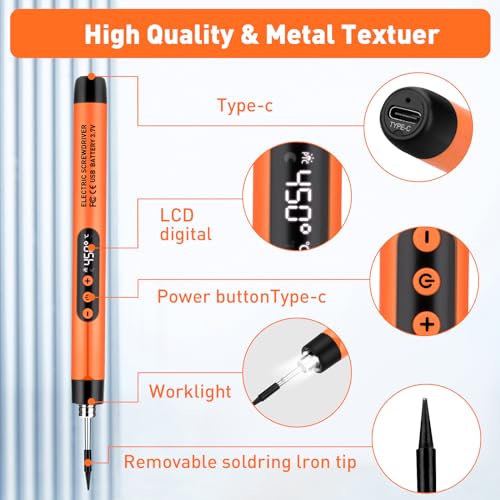 Mini Cordless Soldering Iron Kit. USB Rechargeable Portable Cordless Soldering Iron. LCD Digital Adjustable Temperature Soldering Gun Thermostatic Soldering Kit for Home Appliance Repair. DIY - Orange