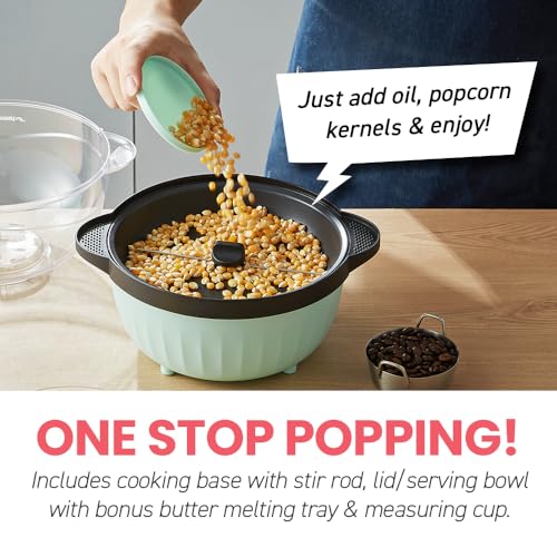 Elite Gourmet EPM145M 18-cup Hot Oil Stirring Popcorn Popper w/Measuring Cap & Reversible Serving Bowl & Butter Melting Tray. Great for Parties. Movie Night. Anytime Snack. Safety ETL Approved. Mint