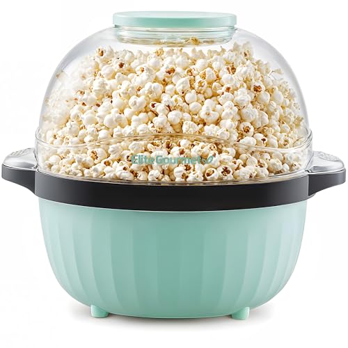 Elite Gourmet EPM145M 18-cup Hot Oil Stirring Popcorn Popper w/Measuring Cap & Reversible Serving Bowl & Butter Melting Tray. Great for Parties. Movie Night. Anytime Snack. Safety ETL Approved. Mint