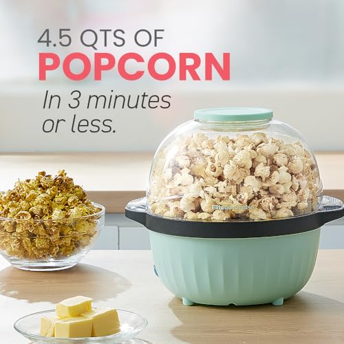 Elite Gourmet EPM145M 18-cup Hot Oil Stirring Popcorn Popper w/Measuring Cap & Reversible Serving Bowl & Butter Melting Tray. Great for Parties. Movie Night. Anytime Snack. Safety ETL Approved. Mint