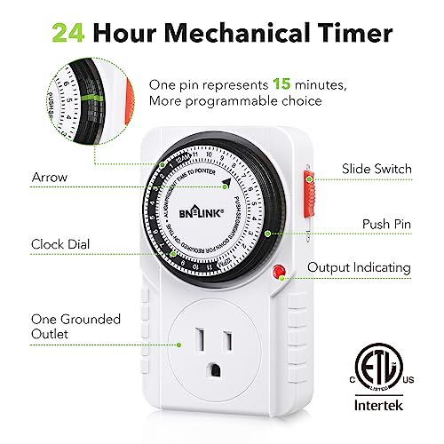 BN-LINK 24 Hour Plug-in Mechanical Timer Grounded for Aquarium. Grow Light. Hydroponics. Indoor Lighting. Home Appliances. ETL Listed 125VAC. 60 Hz. 1875W. 15A. 1/2HP (2 Pack)