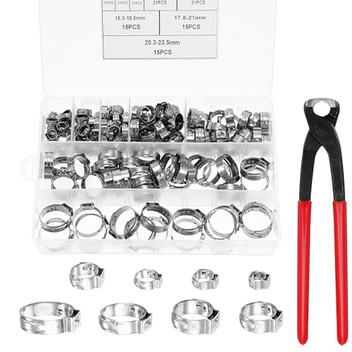 150Pcs 304 Stainless Steel Single Ear Hose Clamp with Ear Clamp Pincer. 6-23.5mm Crimp Hose Clamp Assortment Kit Cinch Rings Crimp Pinch Tools Perfect for Automotive. Home Appliance Line and Plumbing