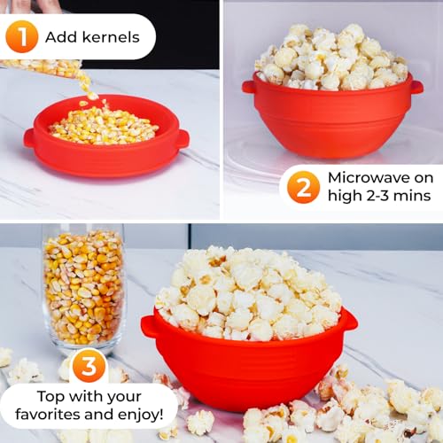 Microwave Popcorn Popper with Lid and Handles. Silicone Popcorn Maker for Healthy Oil-Free Popcorn. Collapsible & BPA-Free. Dishwasher Safe. Easy to Use for Home Movie Nights & Snacks. Red