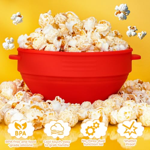 Microwave Popcorn Popper with Lid and Handles. Silicone Popcorn Maker for Healthy Oil-Free Popcorn. Collapsible & BPA-Free. Dishwasher Safe. Easy to Use for Home Movie Nights & Snacks. Red