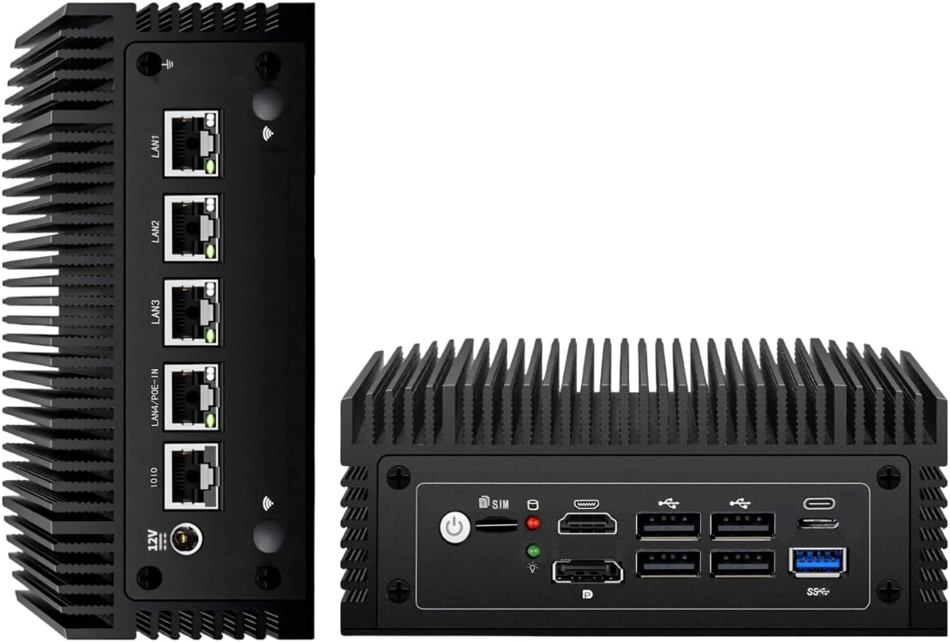 Fanless N100 Industrial Mini PC Micro Firewall Appliance. 4 * 2.5Gbe i225 LAN Ports POE in Mini Computer 8GB DDR4 RAM 128GB SATA SSD. USB-C/5*USB/SIM Slot/HD+DP/Home Network Pfsense Router